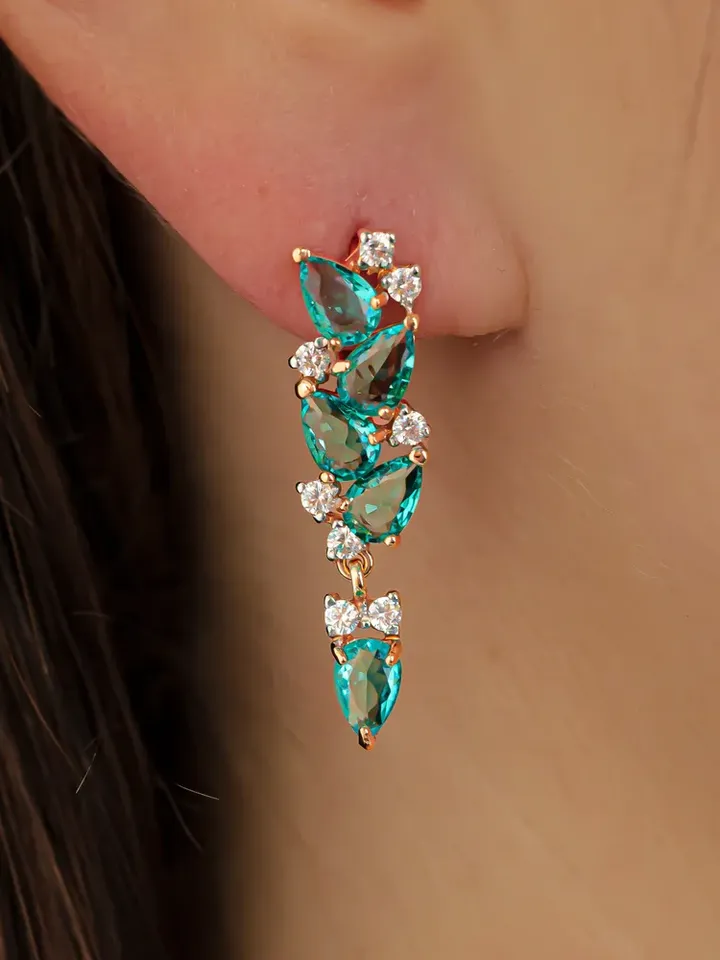 Earrings jewelry Silver gold plated 925 assay value with paraiba and cubic zirconia