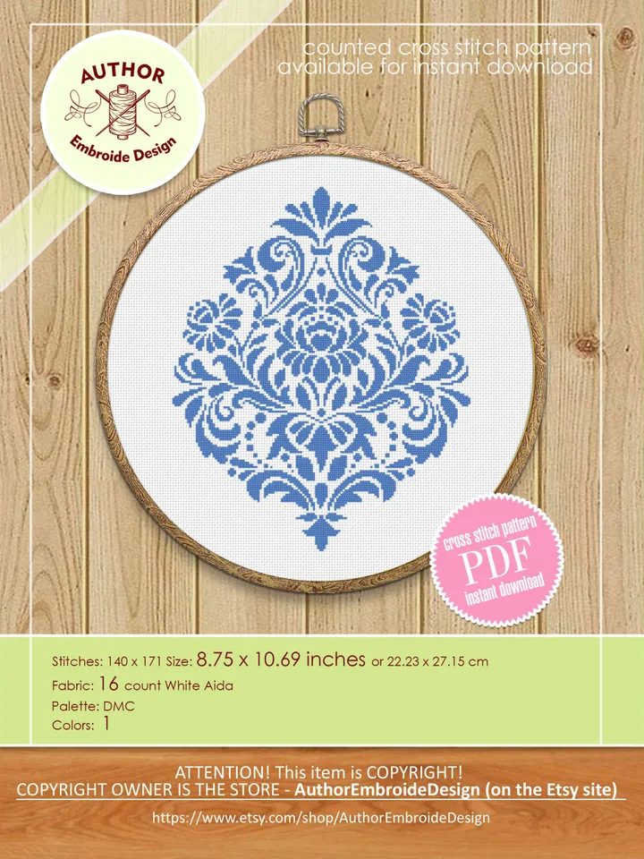 Floral damask ornament cross stitch pattern PDF download Flower mandala cross stitch chart, Floral scroll, Damask pattern digital PDF #M251