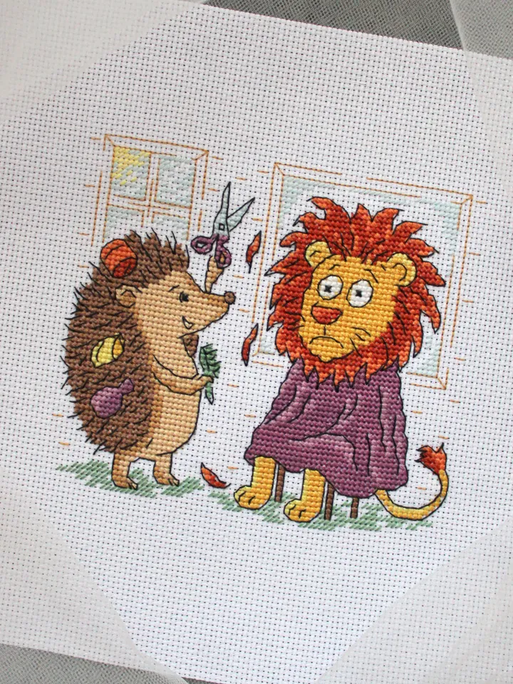 Cross Stitch Pattern PDF Haircut – Cute Hedgehog Trimming a Lion