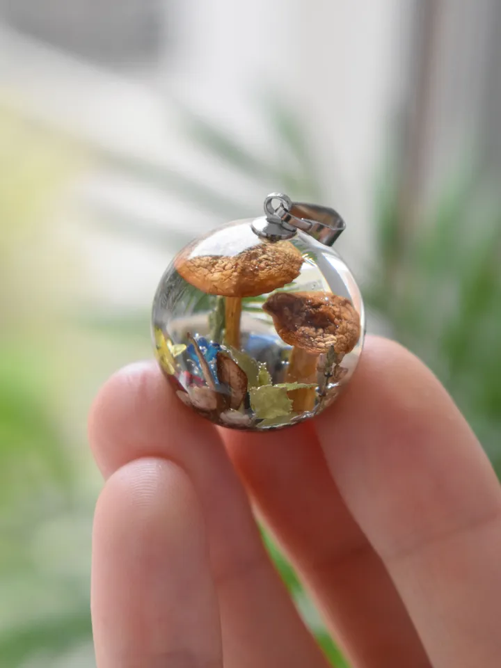 Mushroom necklace. Real Mushrooms pendant. Necklace with a forest composition. Moss, forget-me-not and snail in resin.