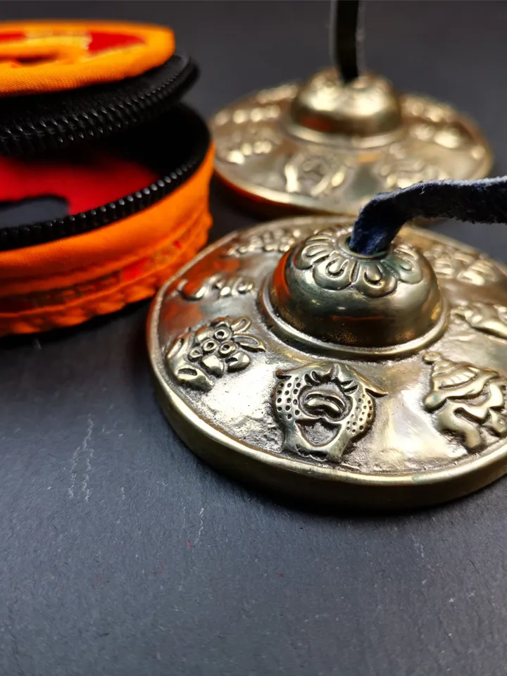 Gandhanra 2.7&quot; Tibetan Cymbals,Astamangal Pattern Tingsha Bell,Buddhism Ritual Implement,Handmade in Nepal