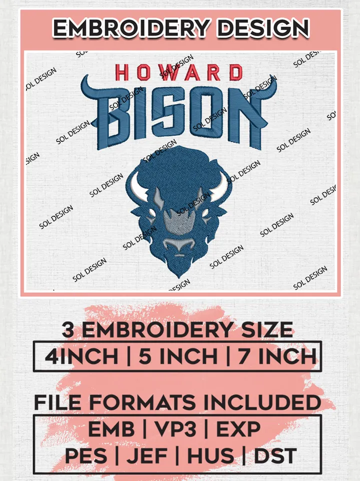 Howard Bison Logo Machine Embroidery Design, NCAA Howard Bison Embroidery Design Design files, NCAA Embroidery Designs, NCAA Machine Embroidery Designs, Digital Download