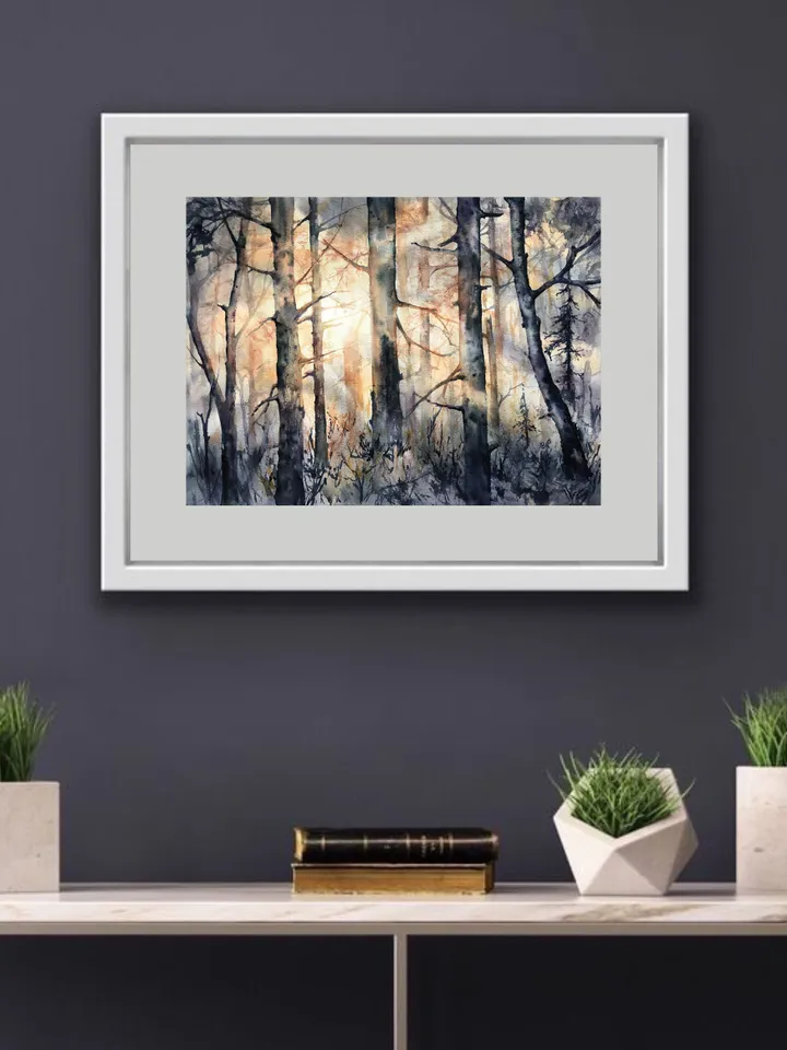 Forest Original Painting Watercolor Sunset Painting Trees Landscape Wall art