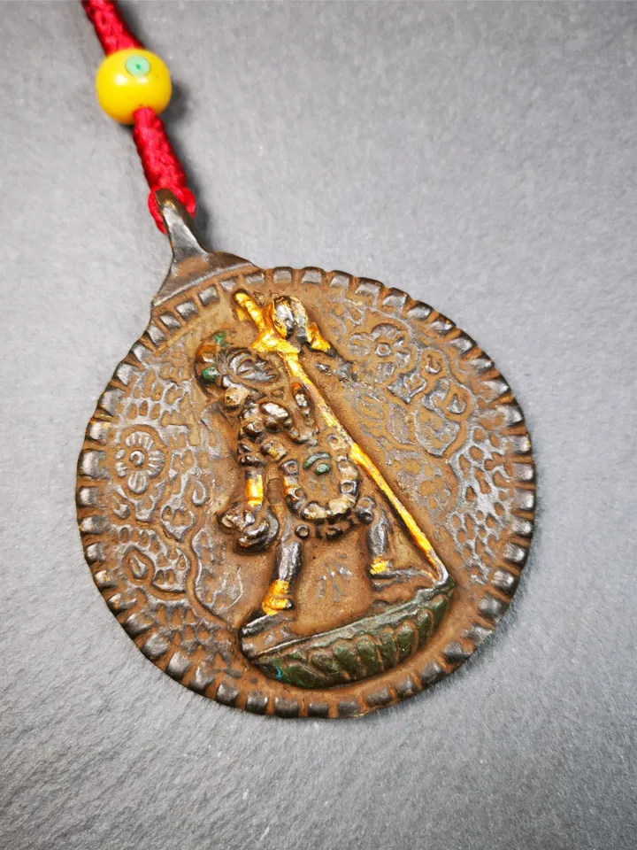 Gandhanra Vintage Tibetan Buddhist Calendar Badge, Black Dakini,Troma Nagmo Melong Mirror, SIPAHO Amulet(srid pa ho),Made of Thokcha,2.2"