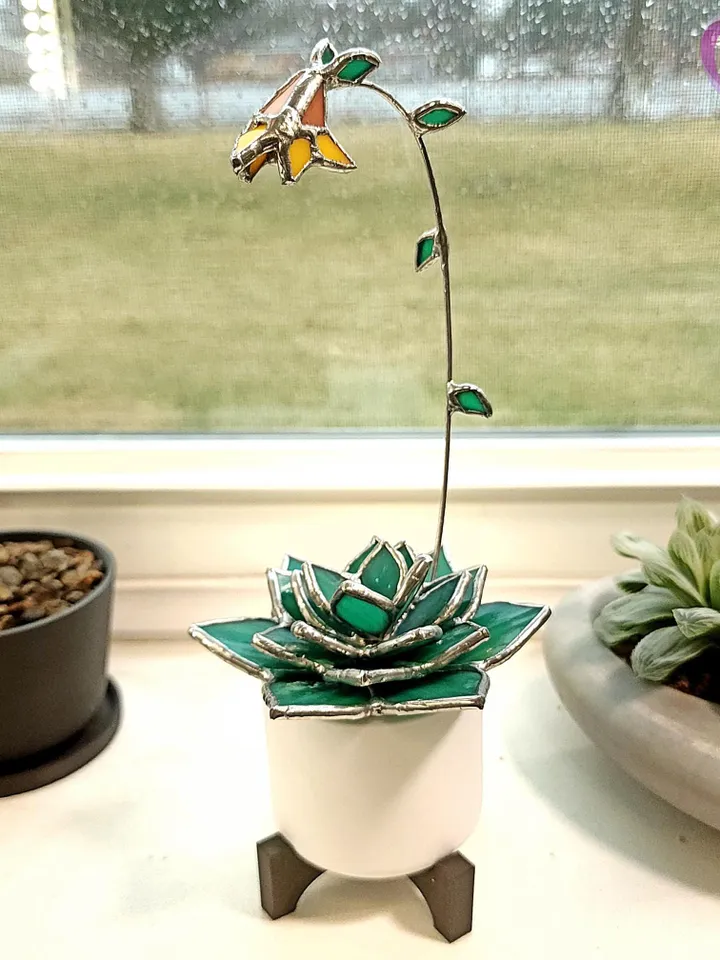 Stained Glass Succulent Flowering Echeveria Suncatcher in Pot Cute Desert Decor Perfect No Kill Terrarium Gift for Succulent Plant Lover