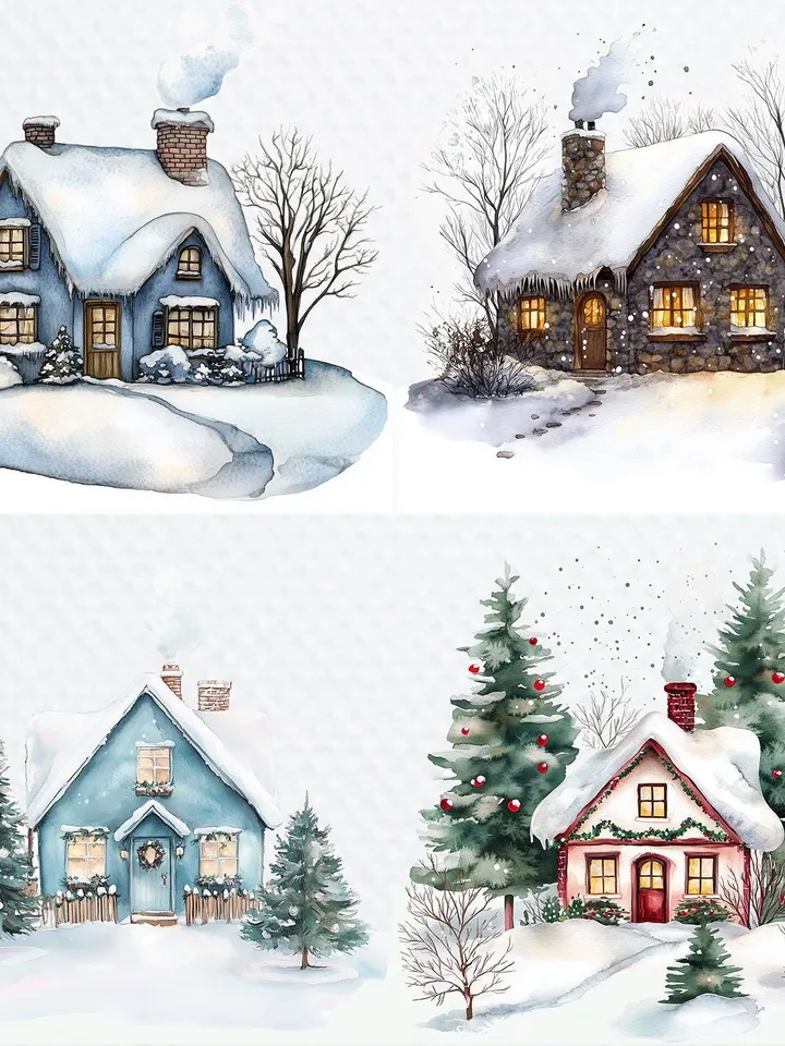 20 Christmas House PNG Bundle, Christmas Card Clip Art, Printable Watercolor Winter House clipart for sublimation, Paper craft, junk journal