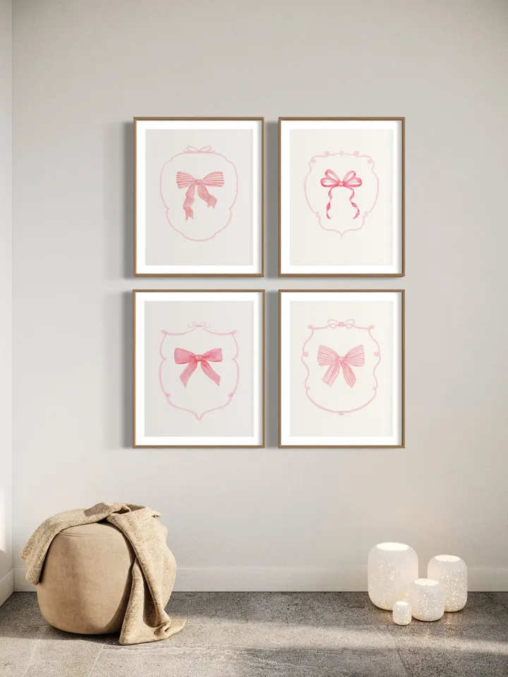 Pink Bow Set Of 4 Watercolor Painting, Love Shack Fancy, Preppy Girls Gift, Baby Bow Art, Nursery Decor, Watercolor Bow, Little Girl Nursery