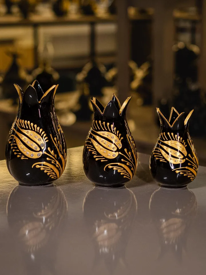 Luxury Black and Gold Tulip Vase Set | Handmade Turkish Art | Elegant Tulip Decor & Modern Home Accent | Unique Gift, Home Decor