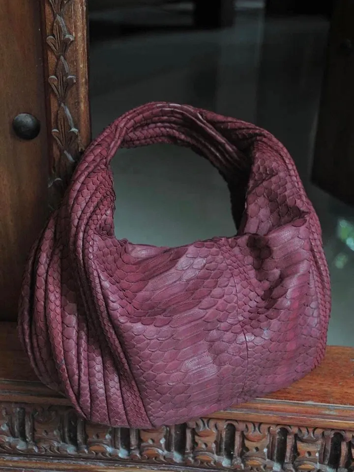Medium Soft Hobo Classy Sport Woman Stitched Bag | Purse Genuine Python Skin | Dewi wine Big Elegant Leather Designer Soft Bag Snake |
