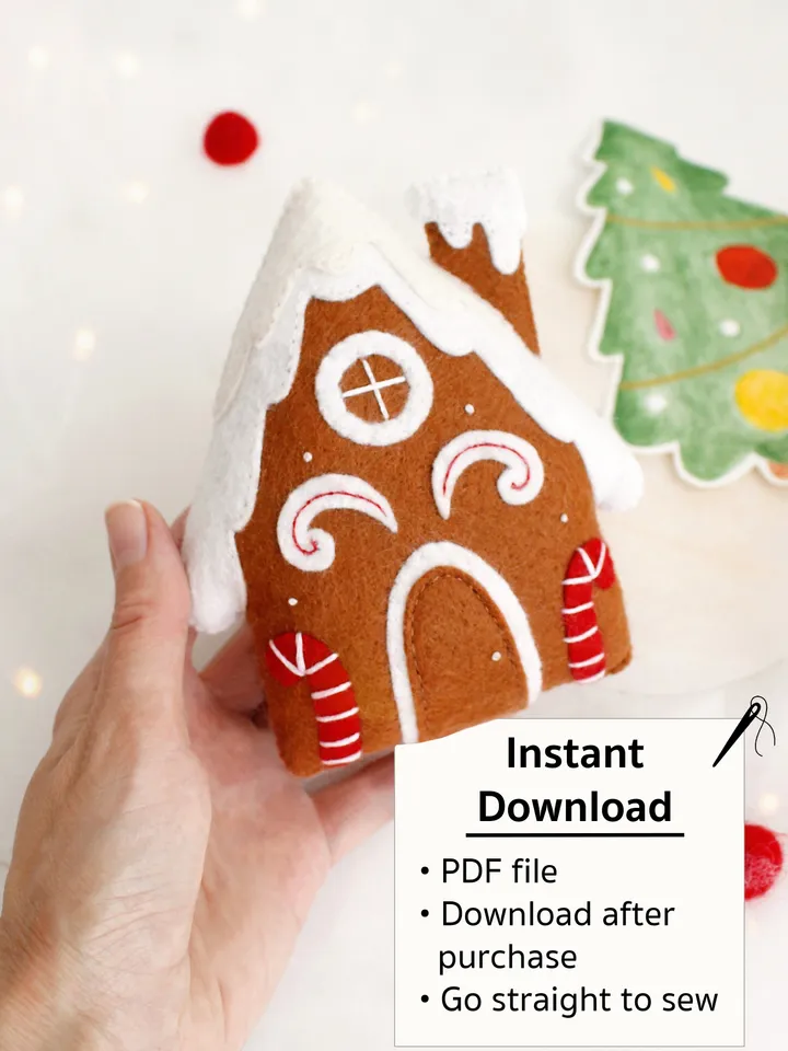 Felt gingerbread house hand sewing PDF tutorial with patterns. Christmas tree ornament. Soft toy pattern