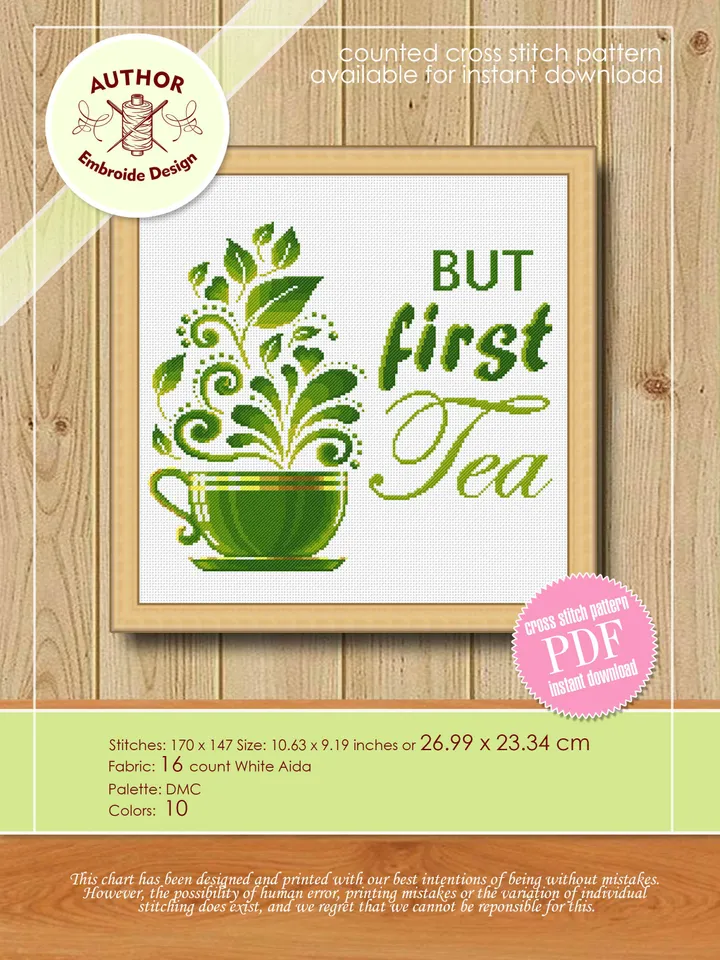 Herbal tea cup cross stitch pattern But first tea Instant download PDF, Tea quote cross stitch chart, Modern tea sampler, Tea lover gift #Q9