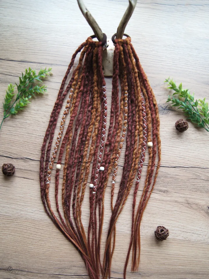 Bronze Dreads on hairband, 2 Ponytail orange red synthetic Dreadlocks extensions, bohemian boho style, Wig Hair Falls, cosplay