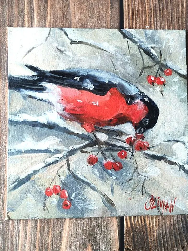 Bullfinch Art Bird Original Oil Artwork Bird Painting OlivKan