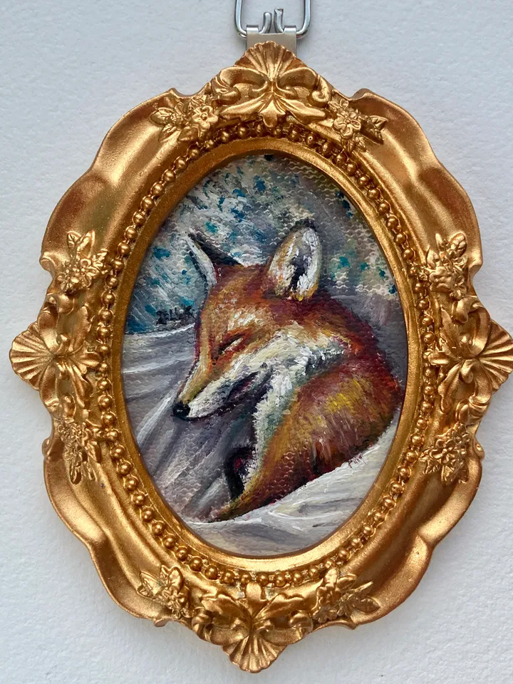 Fox Oil Painting Original In Vintage Style Frame Small Framed Animals Wildlife Art Oval Frame