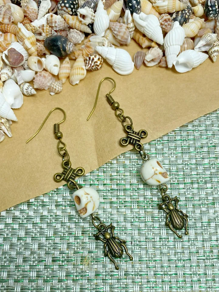 Earrings with skulls and beetles. Handmade bronze earrings.