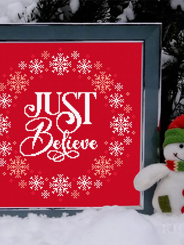 Christmas cross stitch pattern download PDF, Snowflake wreath cross stitch Christmas quotes Just believe, Christmas pattern digital PDF #N43