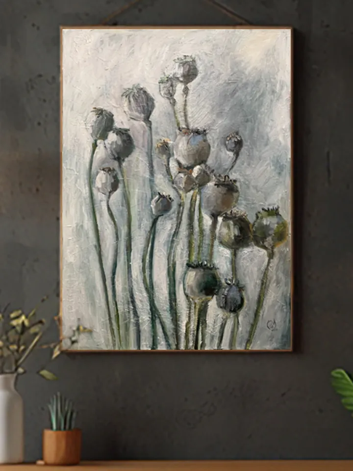 Poppy Painting Poppy Seed Pods Artwork 20x28 inch