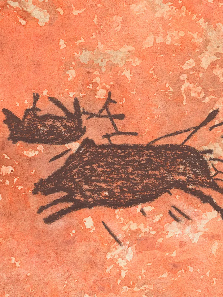 Boar hunting wall art | Original Pastel and Watercolor Artwork Ancient Cave Painting Style 30x40 cm | Hunters Prehistoric art | Handmade Artwork | Archers stylization of rock art | Drawings of a prehistoric man | Modular painting