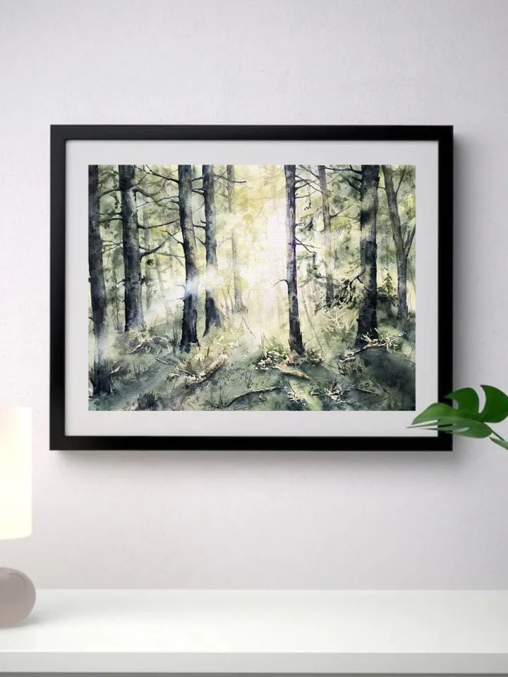 Forest Painting Original Trees Watercolor Painting Sunset Wall Art