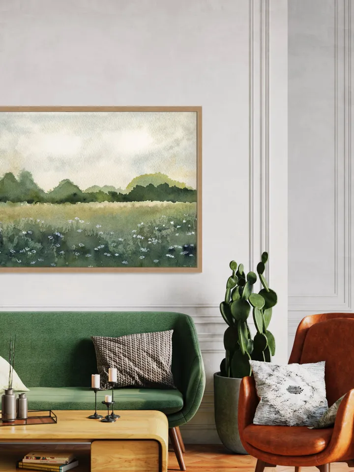 Summer Landscape Wild Flowers Print, Green Field Wall Art, Bed Room Art Print, Country Print, Sun Flower Painting, Neutral Green Print