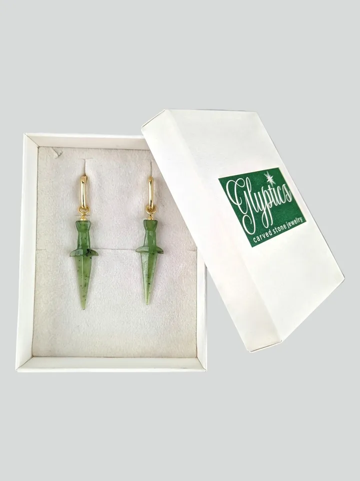 Dangle elven sword earrings from green jade, earrings transformers.