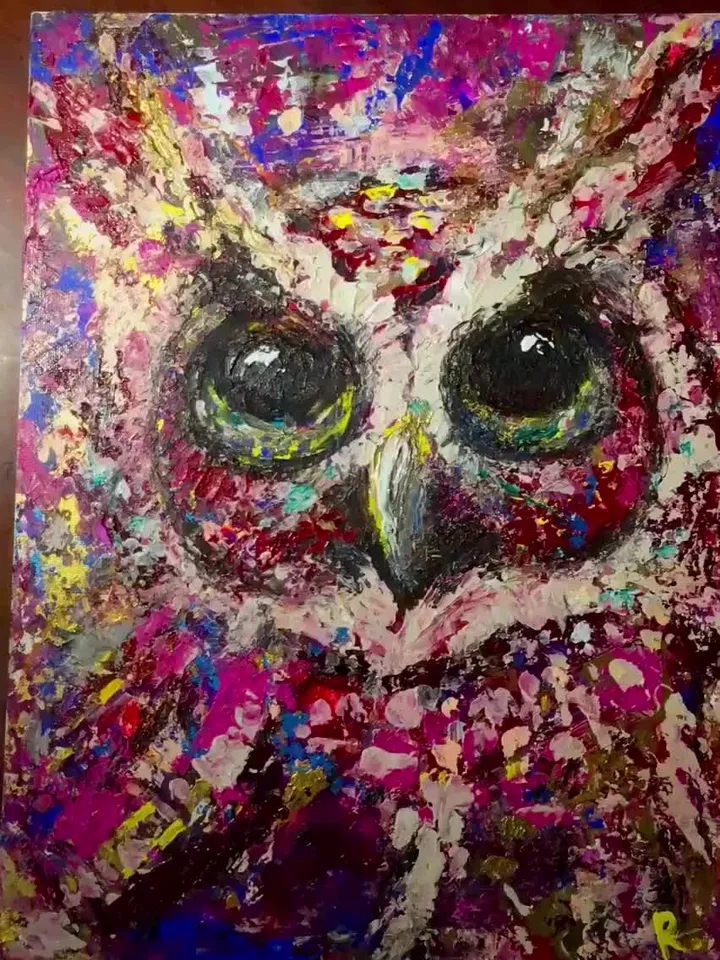 Colourful red owl painting on canvas board,original mix media brigh home decor wall hanging artwork,unique handmade gift for animal lovers