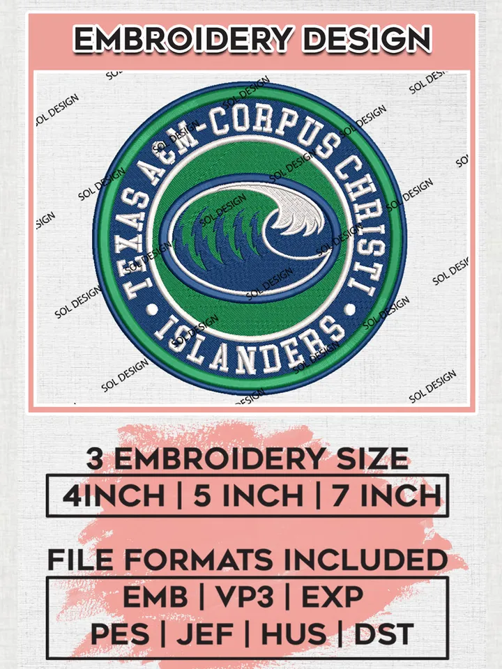 NCAA Texas A&M Corpus Christi Island Round Logo Embroidery, NCAA Texas A&M Corpus Christi Island Logo Embroidery files, NCAA Teams, Machine embroidery designs, Digital Download