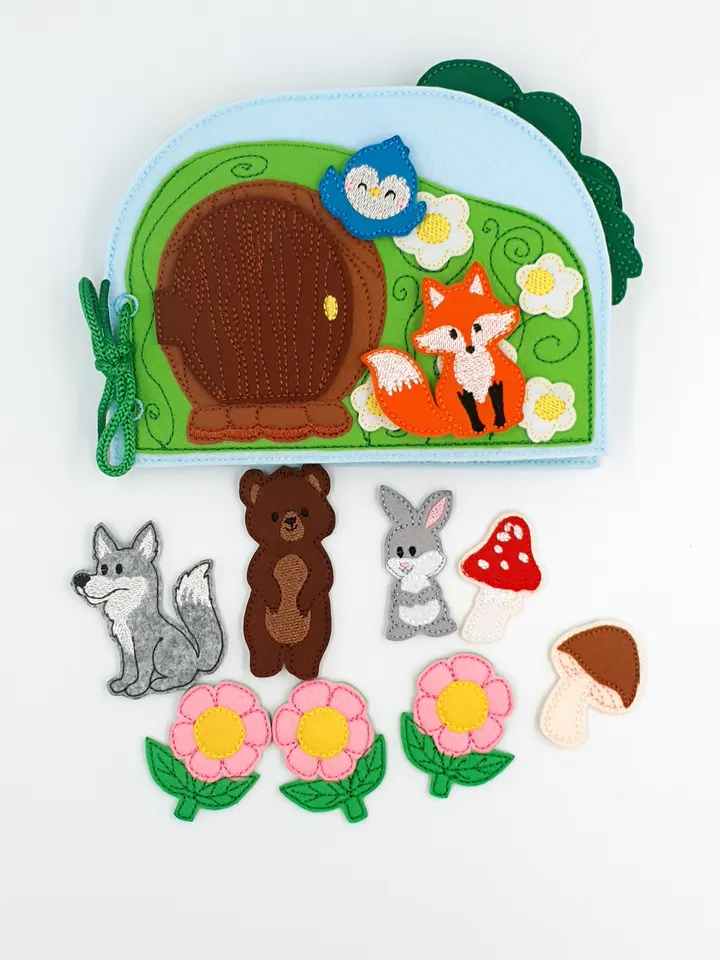 Forest Quiet Book Pages ITH Embroidery Design Set (2pg), Woodland Animals Felt Activity Book Pattern, 5x7 Hoop Download