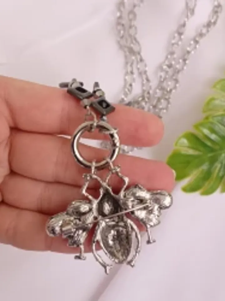 Handmade luxury bee necklace, silver bee pendant, statement bee jewelry, bee gift for her, long bee necklace