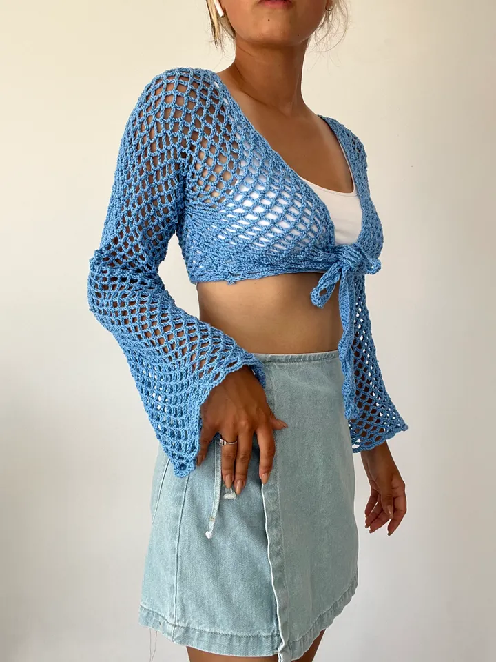Mesh crop cardigan crochet pattern, long sleeve crop cardigan PDF