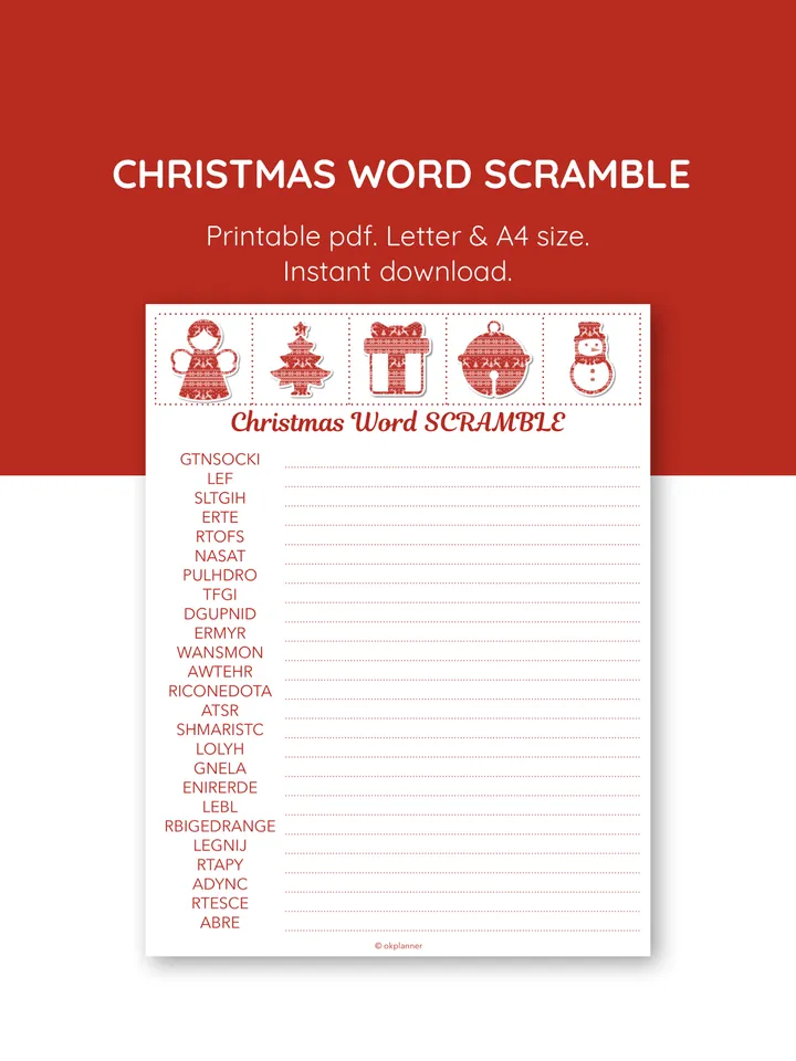 Christmas word scramble. Christmas word puzzles. Festive trivia game. Word scramble. Family Quiz game. Christmas activit