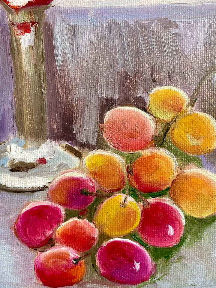 Wine Glass Painting, Original Oil Painting on Canvas, Fruit Still Life Painting 10" x 10"