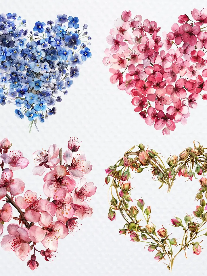 18 Floral Heart PNG Budnle, Сherry blossoms clipart, Forget me not, Watercolor clipart for sublimation,  Digital download, Paper craft