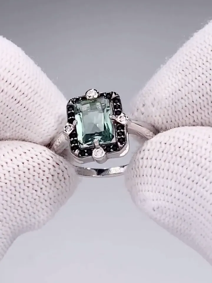 Women's ring silver 925 jewelry with prasiolite, crystal and cubic zirconia