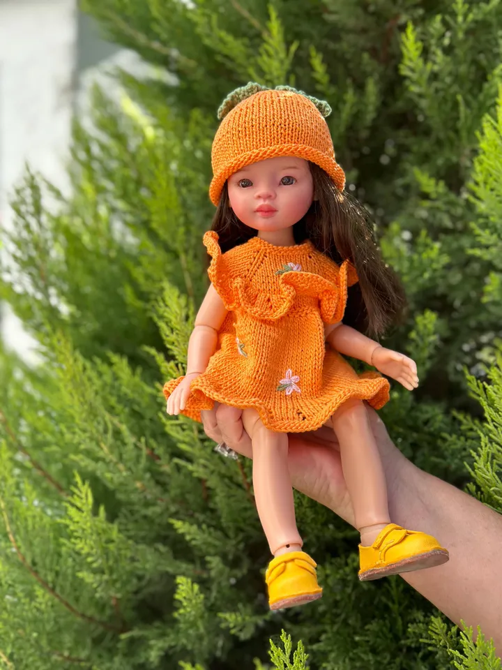 Set Dress & Cap Orange for Paola Reina KNIT PATTERN and tutorial for Boneka 12-13 inch doll, Ruby Red Siblies, Les Cheries 32 cm PDF eng