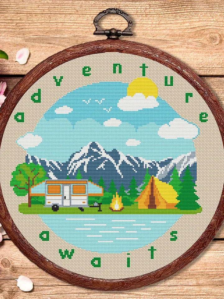 Adventure Awaits Cross Stitch Pattern, Camping Cross Stitch, Embroidery Adventure Awaits, Travel Pattern, Modern Cross Stitch #trl015