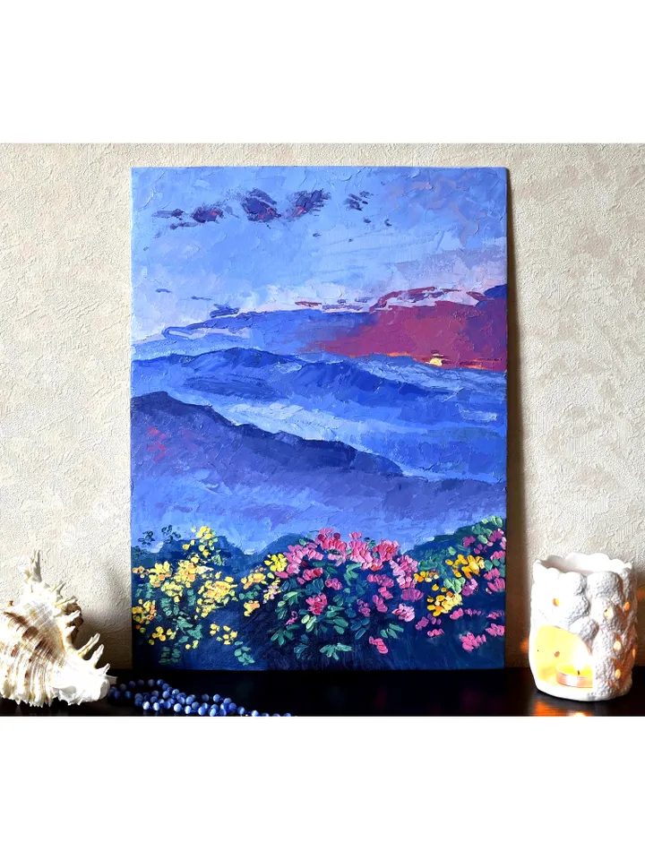 Smoky Mountains painting Sunset original art Blue Mountains artwork Flower Meadow wall art by Natalia Plotnikova