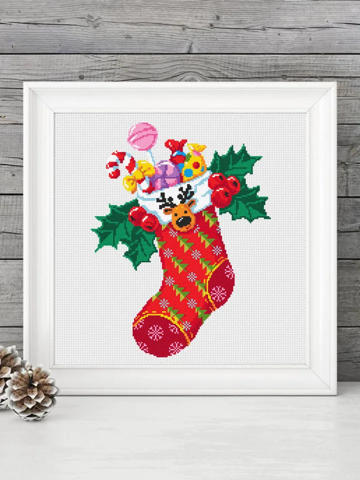 Christmas sock cross stitch pattern PDF download Merry Christmas cross stitch chart, Christmas pattern digital PDF, Stocking with gifts #N30