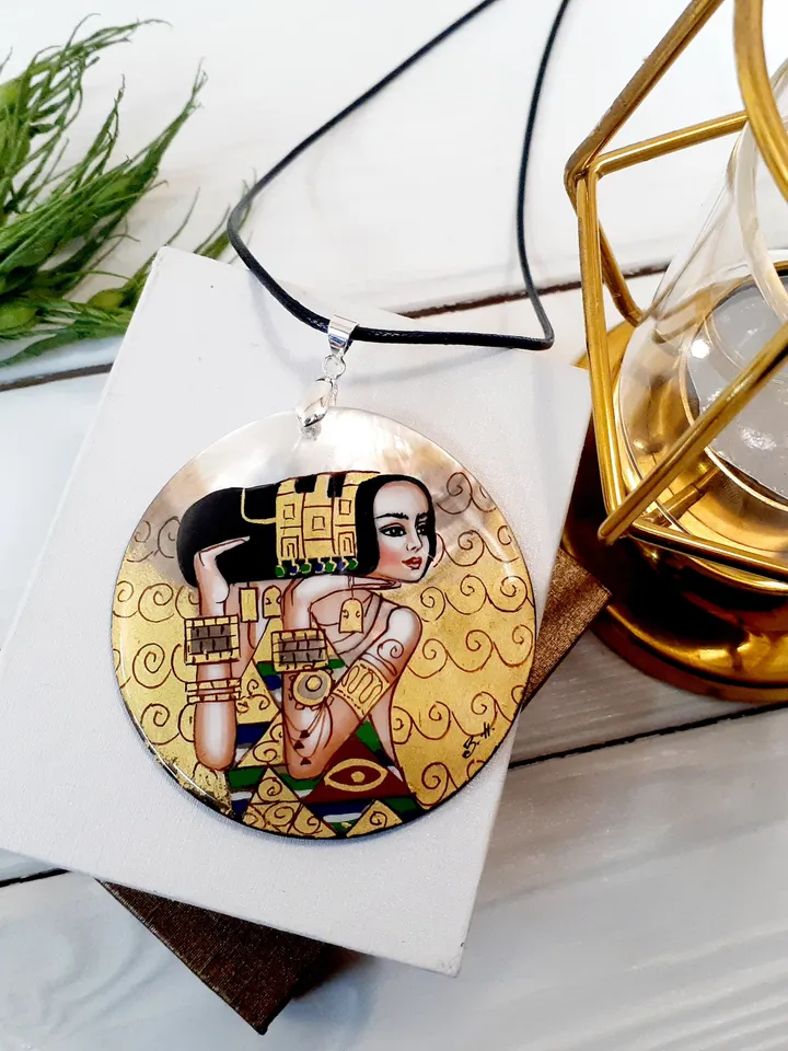 Klimt necklace "The Waiting" Gustav Klimt pendant Hand paint necklace pendant Hand painted miniature painting