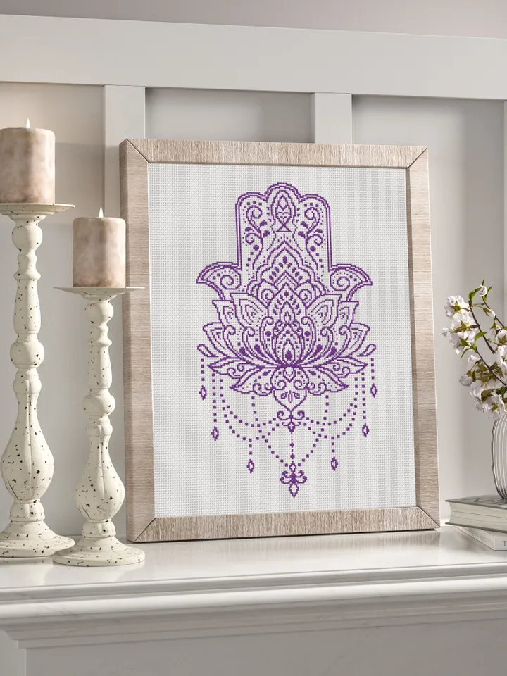 Hamsa hand cross stitch pattern PDF download Lotus mandala cross stitch chart, Hand of Fatima cross stitch, Good luck charm embroidery #M148