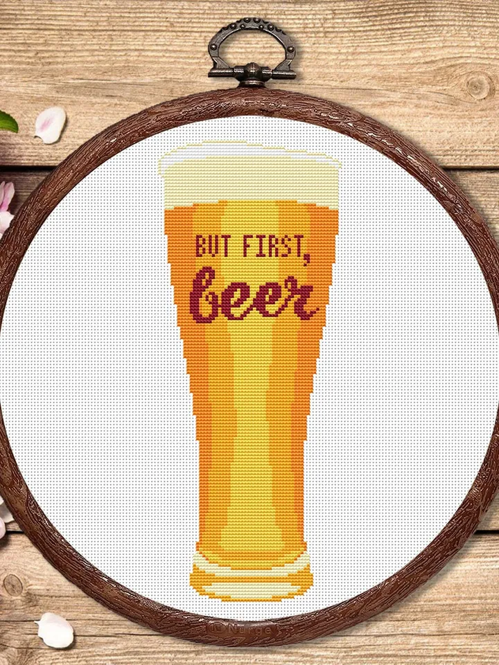 Set of 2 But First Beer Cross Stitch Pattern, Kitchen Cross Stitch, Embroidery Beer, But First Wine Pattern, Modern Cross Stitch #kt008