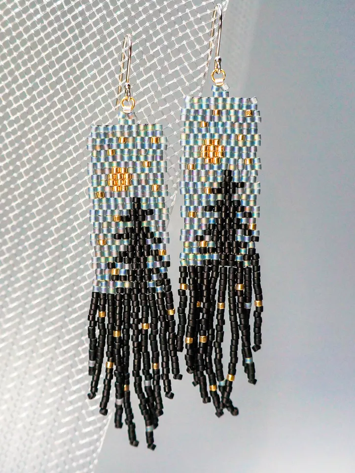 Trees-Patterned grey sky at night Japanese Bead and sterling Silver Earrings: A Fusion of Elegance and Nature