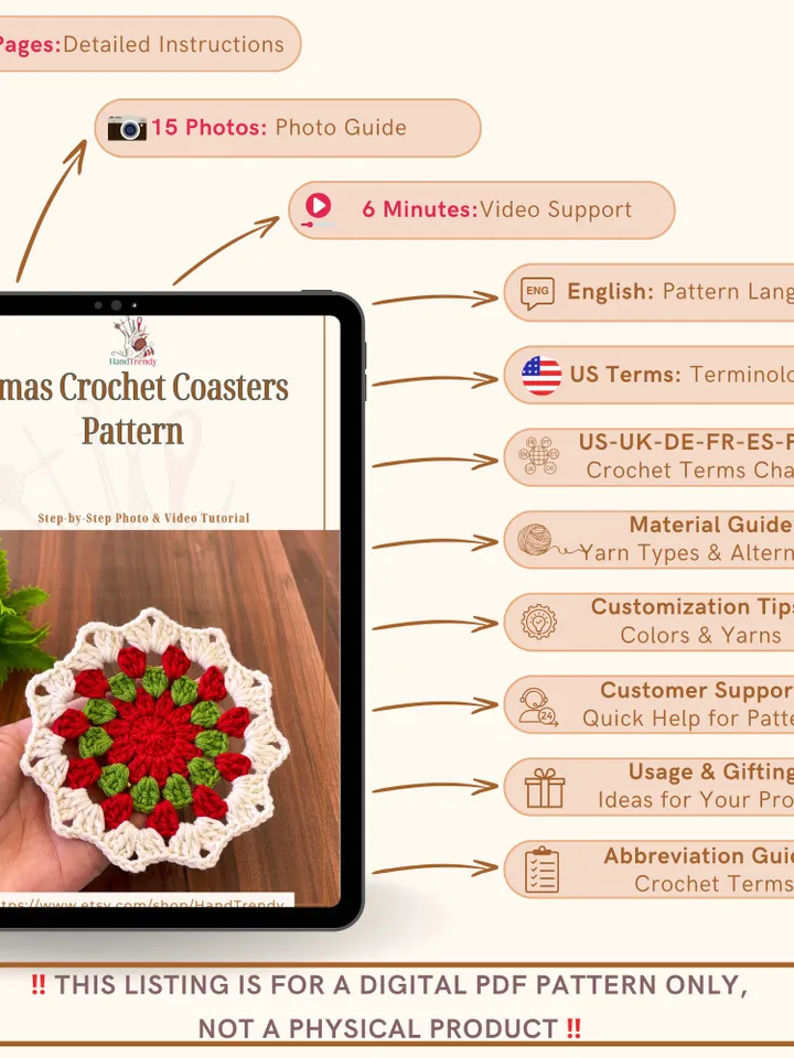 Xmas Crochet Coasters Pattern, Easy Christmas Doily Coasters for Beginners, Crochet Cup Coasters Perfect for Holiday Decor and Gift Giving
