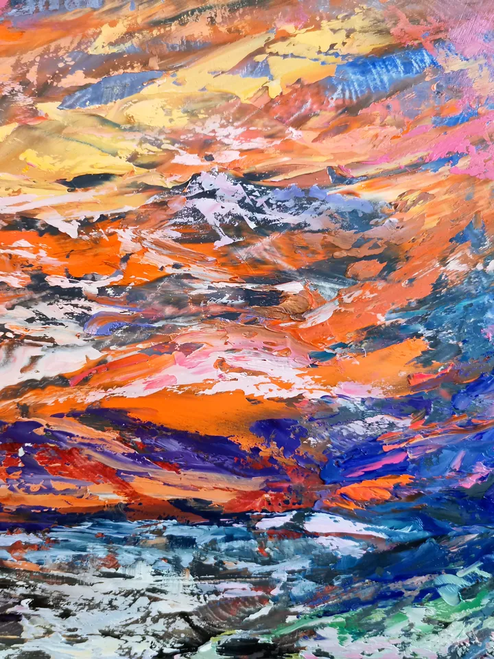 Sailboat Mountain Flowers Sunset Original Art Oil Painting Artist Svinar Oksana