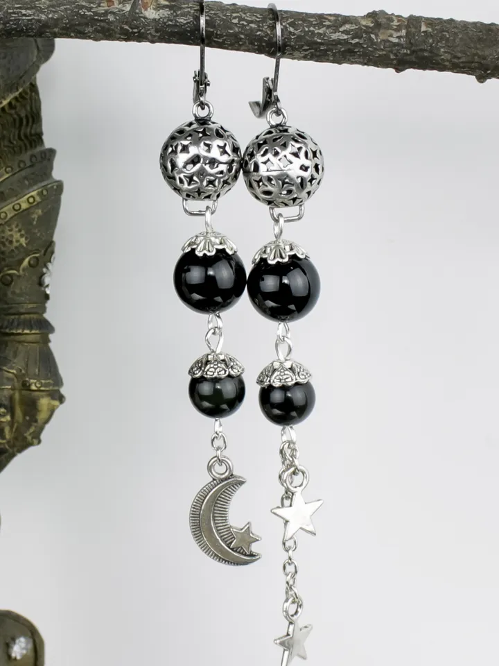 Star and moon necklace and earringsy | Boho Celestial Set | Obsidian Necklace | Vintage Moon Earrings | Unique Gift