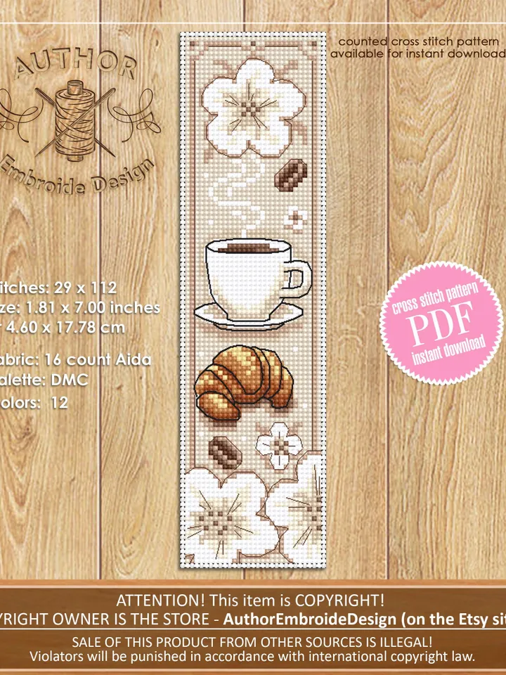 Coffee bookmark cross stitch pattern PDF download Coffee cup and croissant cross stitch chart Bookmark pattern digital PDF Coffee gift #B374