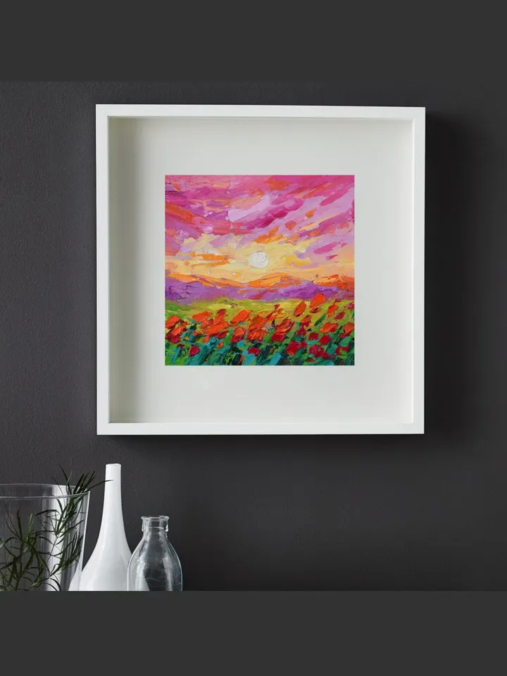 Tuscany art Sunset painting Poppy original art landscape artwork 6 by 6 in Mountain small art by Juliya JC
