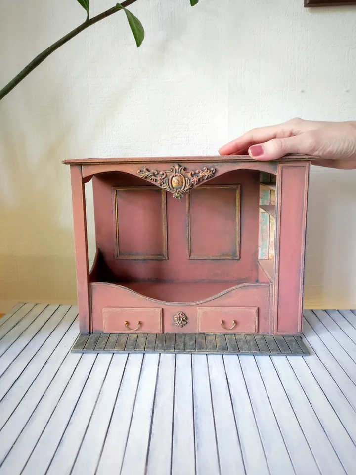 Roombox Doll Bed 1/12 shabby chic pink