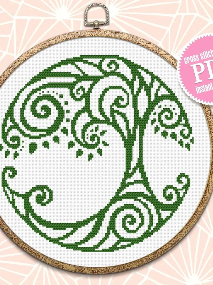 Tree of life cross stitch pattern download PDF Modern mandala cross stitch chart, Nature hand embroidery PDF Monochrome beginner stitch #M35