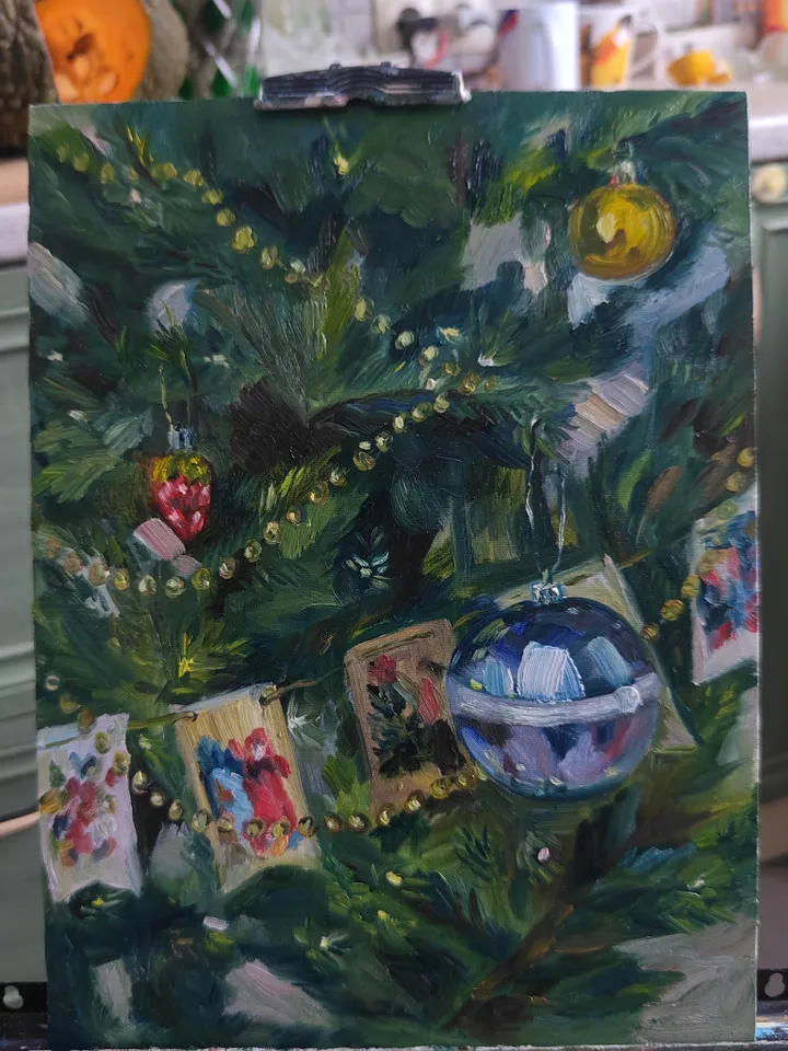 Oil painting on cardboard Merry Christmas original artwork